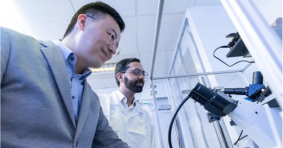 This microlaser sensor was made possible by the in-house 3D micro-printing technology developed by professor Zhang’s team, which allowed for the rapid fabrication of the specially designed 3D WGM microcavity and high-precision trimming of its suspended microdisk. Courtesy of Hong Kong Polytechnic University.