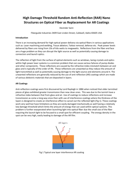 High Damage Threshold Random Anti-Reflection (RAR) Nano Structures on Optical Fiber as Replacement for AR Coatings