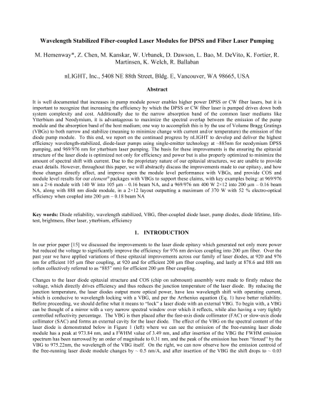 Wavelength Stabilized Fiber-coupled Laser Modules for DPSS and Fiber Laser Pumping