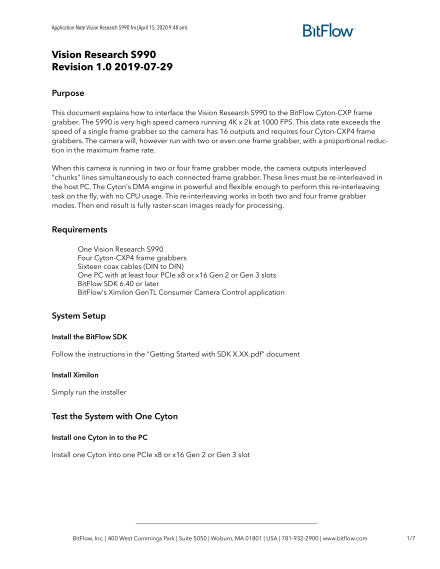 Interfacing Vision Research S990 to the BitFlow Cyton-CXP4 Frame Grabber